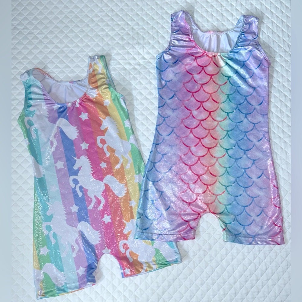 Lot (2) Girls Gymnastics Dance-wear Unicorn & Mermaid One-Piece Leotards Size 6